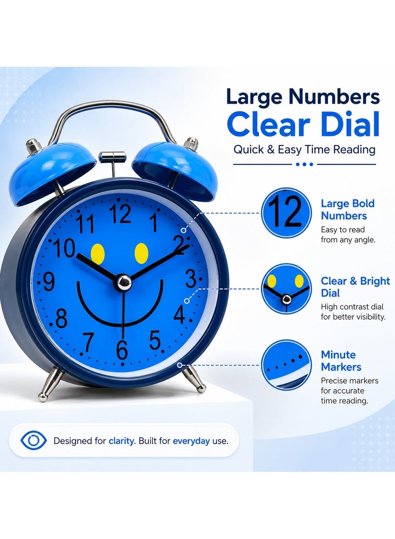 Casa Bella The Brand Mini Twin Bell Analog Alarm Clock with Smiley Face, Loud Bell Desk Clock, Cute Metal Bedside Clock for Kids Bedroom, Office Desk, Study Table, Travel & Home Decor, Battery Operated, Multiple Colors - Image 2