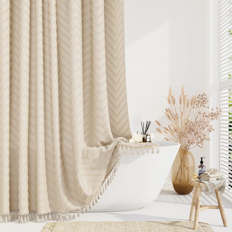 Dynamene ستائر دش طويلة دش طويلة 96 بوصة طويلة بوهو معنقدة شيفرون مخطط الستائر دش الدش للحمام طويل القامة القماش مقاوم للماء الستار مع 12 هوك بيج 72x96 - Image 1