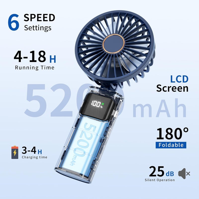 Morelax Portable Handheld Fan, USB Rechargeable Foldable Mini Personal Fan, 5200mAh, 180 Adjustable, 6 Speed Wind, 3 IN 1 Hand Cooling Desk Fan with LED Display for Home Office School Outdoor Travel, Blue - Image 2