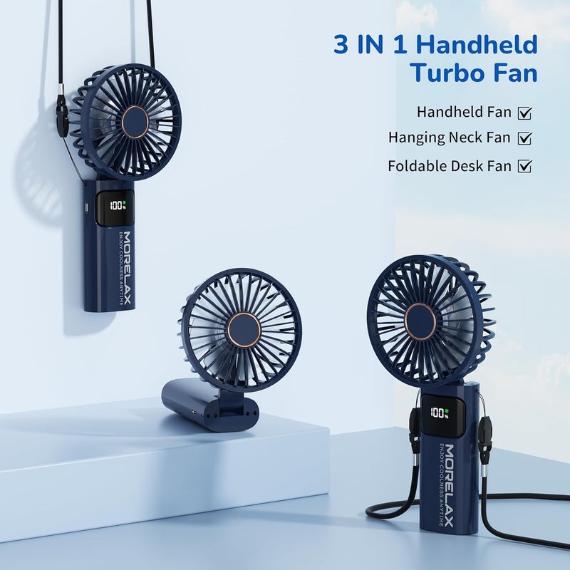 Morelax Portable Handheld Fan, USB Rechargeable Foldable Mini Personal Fan, 5200mAh, 180 Adjustable, 6 Speed Wind, 3 IN 1 Hand Cooling Desk Fan with LED Display for Home Office School Outdoor Travel, Blue - Image 4