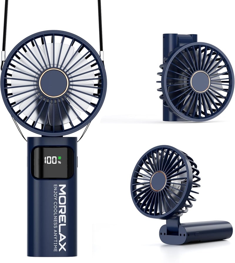 Morelax Portable Handheld Fan, USB Rechargeable Foldable Mini Personal Fan, 5200mAh, 180 Adjustable, 6 Speed Wind, 3 IN 1 Hand Cooling Desk Fan with LED Display for Home Office School Outdoor Travel, Blue - Image 1