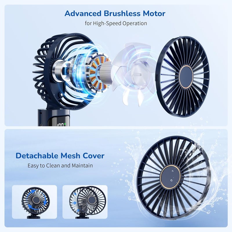 Morelax Portable Handheld Fan, USB Rechargeable Foldable Mini Personal Fan, 5200mAh, 180 Adjustable, 6 Speed Wind, 3 IN 1 Hand Cooling Desk Fan with LED Display for Home Office School Outdoor Travel, Blue - Image 3