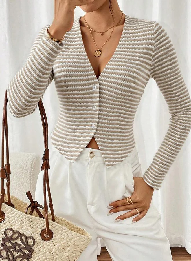 Take Two Women Striped Button-Up Cardigan Top