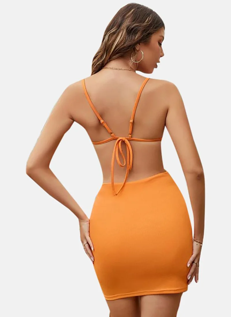 يونيكي Orange Solid Sleeveless Tie-up Mini Bodycon Dress
