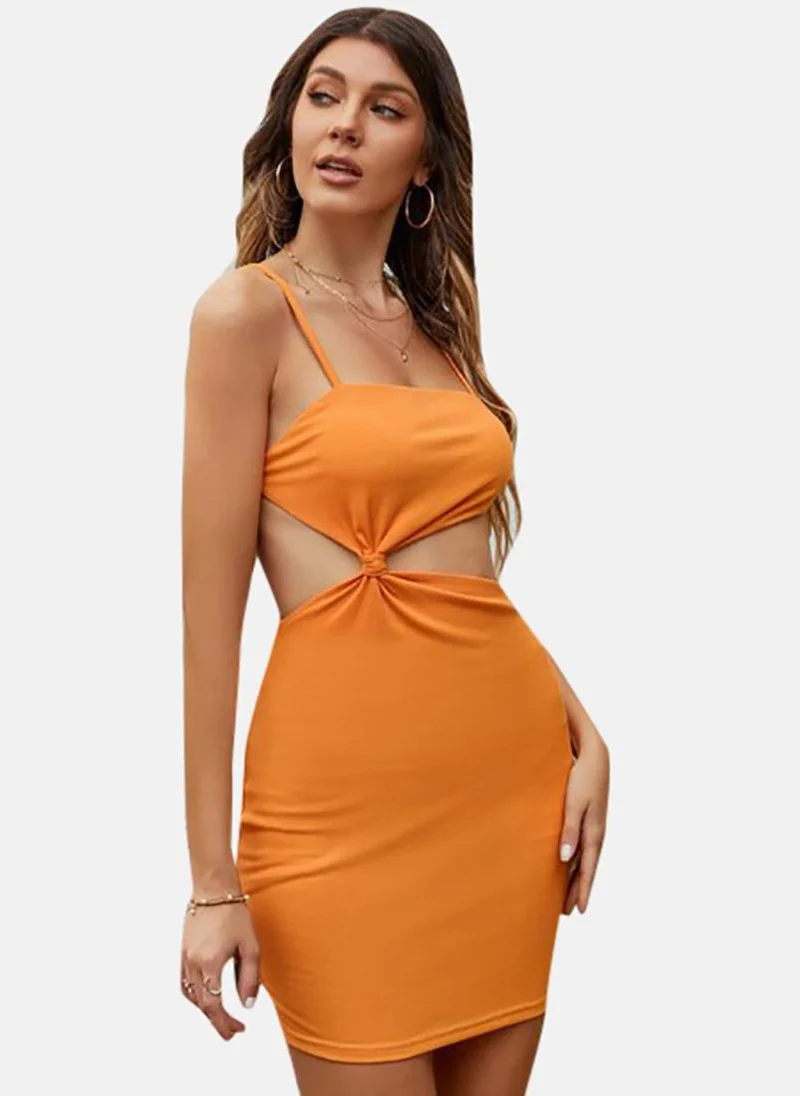 يونيكي Orange Solid Sleeveless Tie-up Mini Bodycon Dress