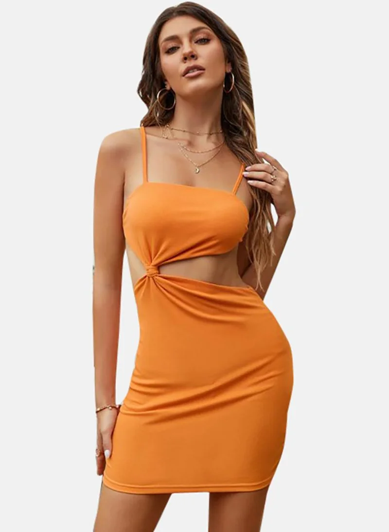 يونيكي Orange Solid Sleeveless Tie-up Mini Bodycon Dress