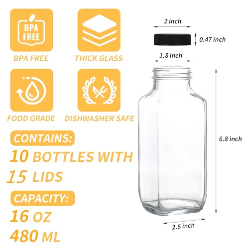 Benestanti 10 Pack 16oz Glass Juice Bottles with Lids - Reusable Juicing Bottles Glass Drinking Jars Containers with Airtight Lids & Cleaning Brush - Perfect for Juicing,Milk,Kombucha, and Storage - Image 3