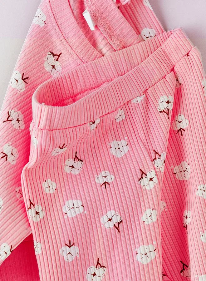 babyqlo Pink Floral Ruffle Sweatshirt and Pants Set