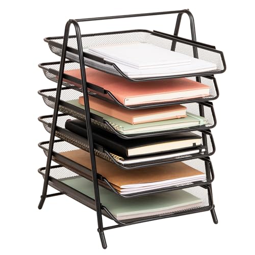 Mind Reader 6-Tier Paper Tray, Desktop Organizer, File Storage, Office, Metal Mesh, Black - Image 1