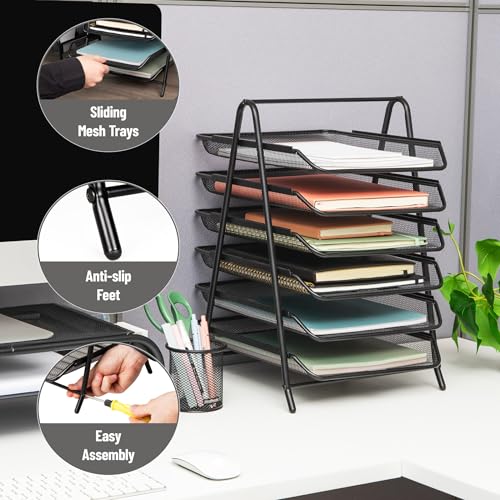 Mind Reader 6-Tier Paper Tray, Desktop Organizer, File Storage, Office, Metal Mesh, Black - Image 4