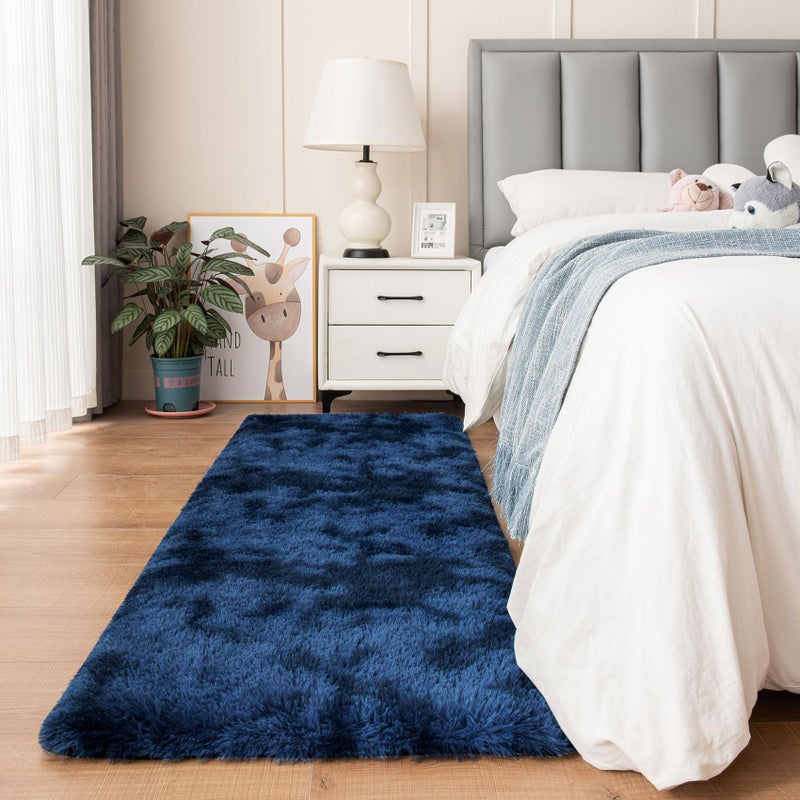 duduta Navy Blue Fluffy Plush Runner Rugs 2x6 ft Tie Dye Rectangle Shag Rug for Bedroom Dorm Living Room Kids Room, Machine Washable Anti-Slip - Image 1