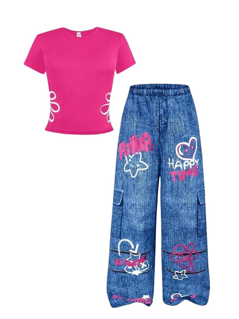 HSOXLQF Tween Girl Summer Clothes Floral Print Short Sleeve T-Shirt + Wide Leg Pants 2 Piece Outfits(Not Jeans) Size 9 10 - Image 1