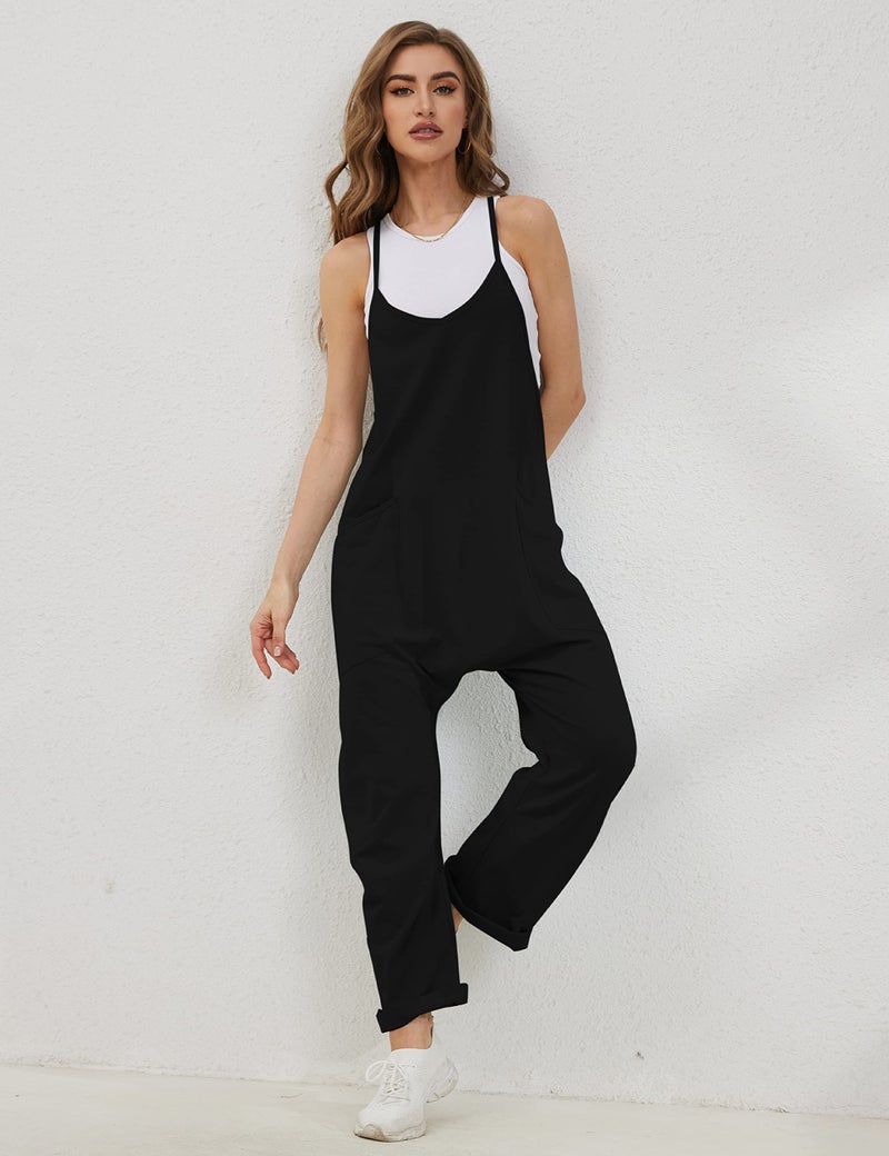 Lentta Women's Causal Jumpsuits V Neck Sleeveless Harem Overalls Stretchy Adjustable Strap Romper with Pockets(Black-XS) - Image 3
