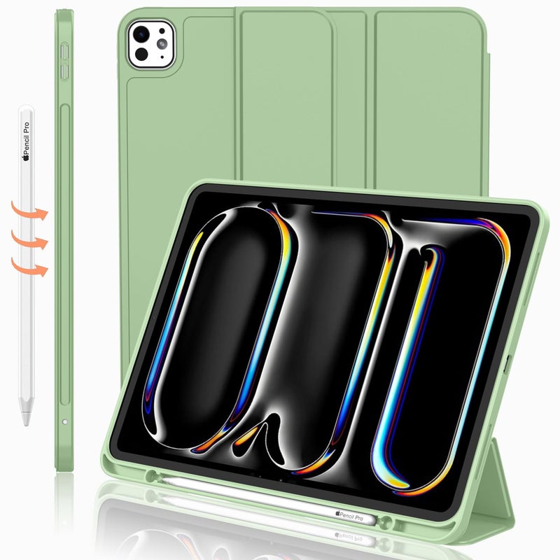 iMieet iPad Pro 13 Inch Case M4 2024 with Pencil Holder Trifold Stand Smart Case with Soft TPU Back Auto WakeSleep Matcha Green