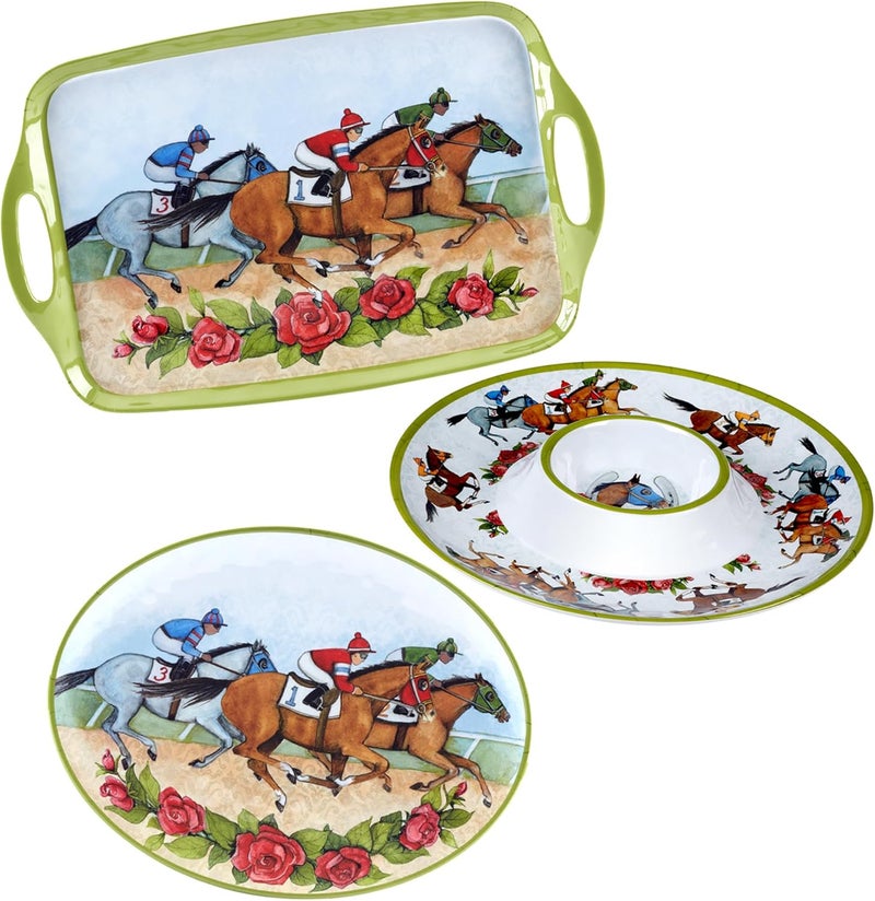 Certified International Derby Day at the Races 3pc Melamine Hostess Set  Elevate race day entertaining with this elegant durable serveware trioperfect for parties gifting and equestrianinspired gatherings - Image 1