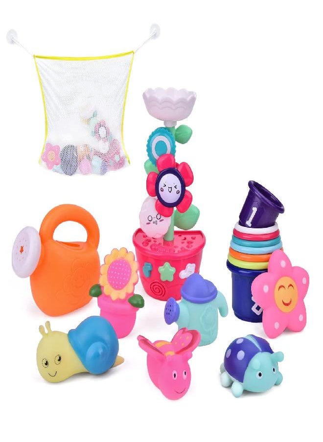 FUN LITTLE TOYS - 16 PCs Bath Toys for Toddlers, Flower Waterfall Water Station Garden Squirter Toys, Stacking Cups Watering Can, Bath Toy Organizer Included for Kids Toddlers - Image 1