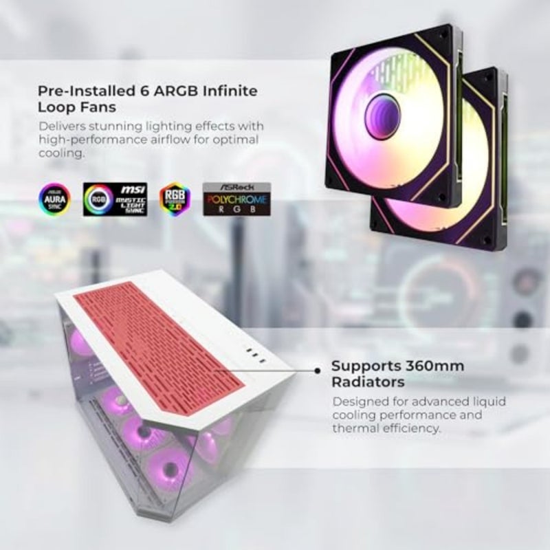 حافظة كمبيوتر الألعاب Prism Neo Triple Glass M-ATX/ITX مع 6 مراوح ARGB، تدعم مبرد سائل 360 مم، طول VGA يصل إلى 400 مم، USB3.0، 4 فتحات توسيع، 2 فتحات SSD للألعاب M-ATX أبيض - Image 3