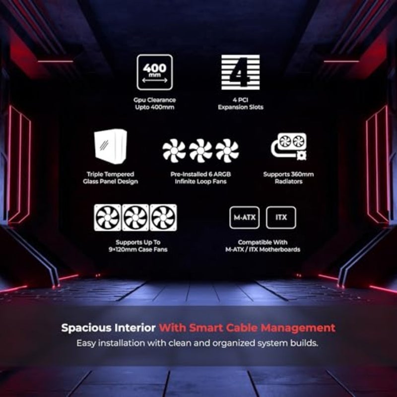 حافظة كمبيوتر الألعاب Prism Neo Triple Glass M-ATX/ITX مع 6 مراوح ARGB، تدعم مبرد سائل 360 مم، طول VGA يصل إلى 400 مم، USB3.0، 4 فتحات توسيع، 2 فتحات SSD للألعاب M-ATX أبيض - Image 2