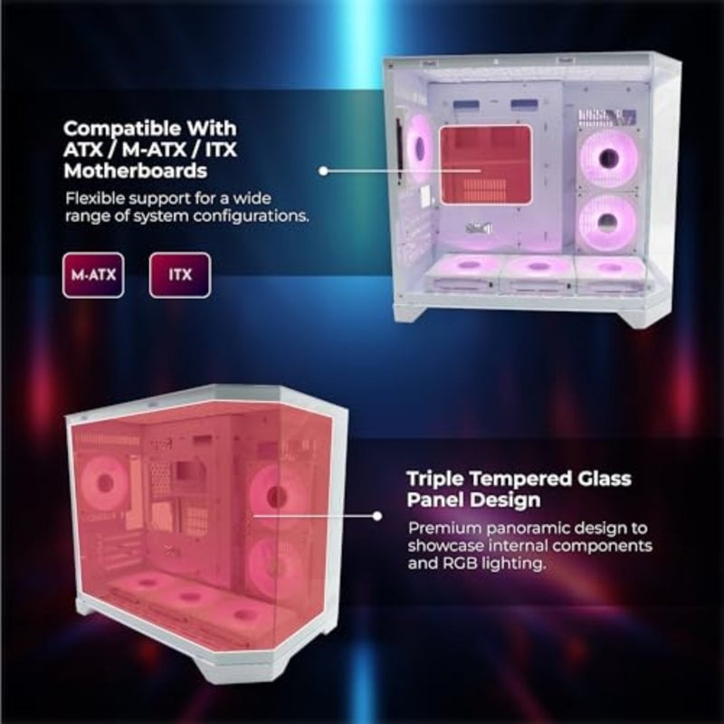 حافظة كمبيوتر الألعاب Prism Neo Triple Glass M-ATX/ITX مع 6 مراوح ARGB، تدعم مبرد سائل 360 مم، طول VGA يصل إلى 400 مم، USB3.0، 4 فتحات توسيع، 2 فتحات SSD للألعاب M-ATX أبيض - Image 4