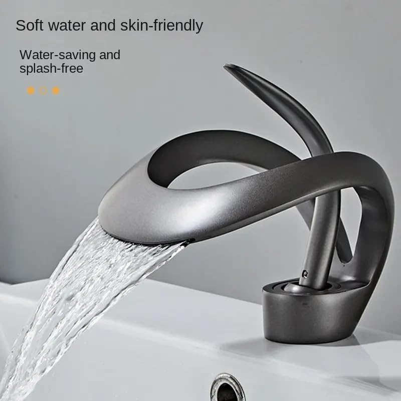 MIXEN Bathroom Faucet, Single Handle Black Bathroom Faucet,Short Basin Faucet Bathroom Waterfall Sink Tap Brass Deck Mounted Hot Cold Water Mixer Crane Grey - Image 3