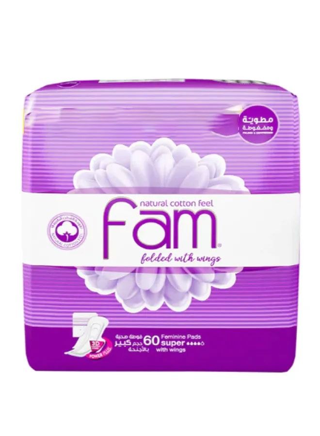 Fam Natural Cotton Feel Maxi Feminine Napkin Pads Folded with Wings -  Super 60 Pads  - Image 1