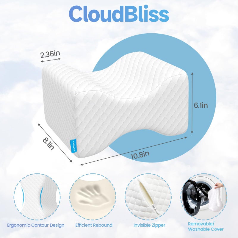 CloudBliss Knee Pillow for Side Sleepers-Cooling Leg Pillow for Side Sleeping, Memory Foam Knee Pillow for Hip Pain, Lower Back Pain, Sciatica Pain, Knee Wedge Pillow with Contour Design, White - Image 2