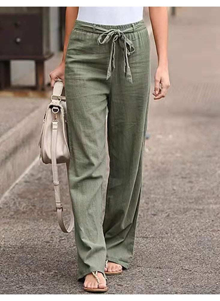 Loquat - Elastic Waist Solid Color Cotton Linen Wide Leg Pants - Image 1