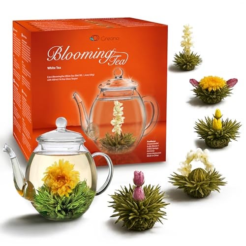 Creano Flowering Tea Gift Set  White Tea  6 Blooming Tea with 17oz Glass Teapot - Image 1
