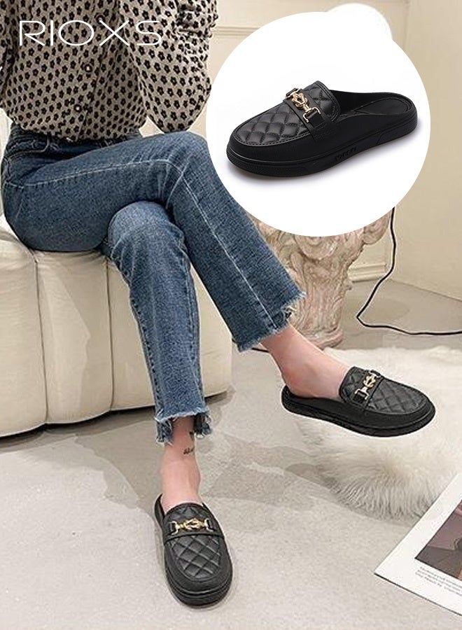 RIOXS Women's Flat Mule, Closed Round Toe Slide Sandals, Fashion Slip-Ons Loafers for Women, Classic Backless Mule Shoes, Ladys Comfort Lightweight Walking Penny Shoes, Comfy Clog Mules Dress Slippers for Female, Open-Back Mules with Cutout Heel Detail, Ladies Footwear Black - Image 2