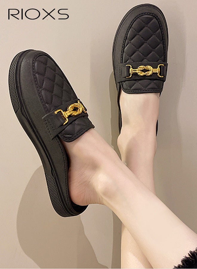 RIOXS Women's Flat Mule, Closed Round Toe Slide Sandals, Fashion Slip-Ons Loafers for Women, Classic Backless Mule Shoes, Ladys Comfort Lightweight Walking Penny Shoes, Comfy Clog Mules Dress Slippers for Female, Open-Back Mules with Cutout Heel Detail, Ladies Footwear Black - Image 3