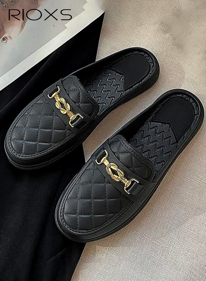 RIOXS Women's Flat Mule, Closed Round Toe Slide Sandals, Fashion Slip-Ons Loafers for Women, Classic Backless Mule Shoes, Ladys Comfort Lightweight Walking Penny Shoes, Comfy Clog Mules Dress Slippers for Female, Open-Back Mules with Cutout Heel Detail, Ladies Footwear Black - Image 4