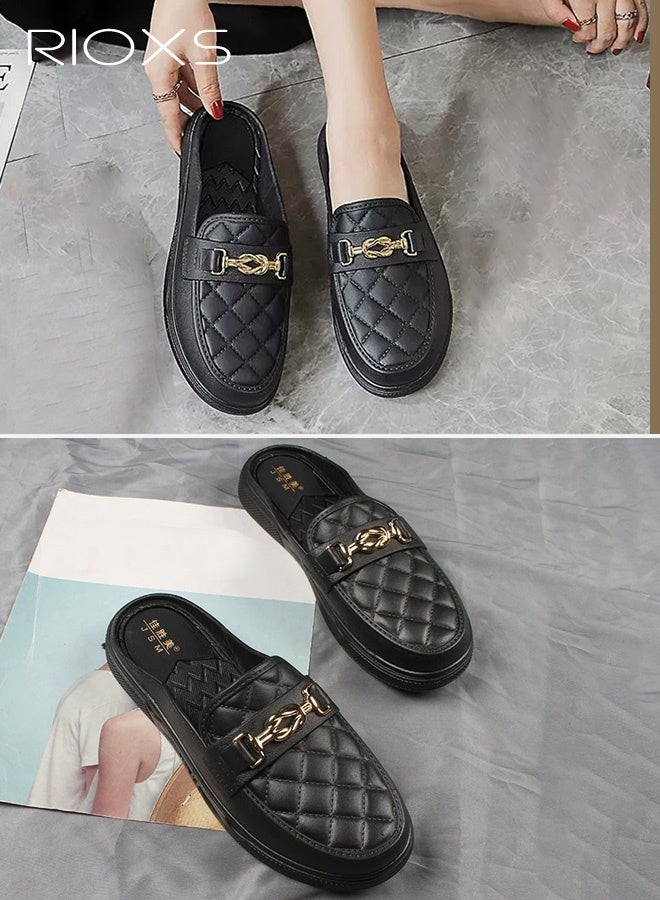 RIOXS Women's Flat Mule, Closed Round Toe Slide Sandals, Fashion Slip-Ons Loafers for Women, Classic Backless Mule Shoes, Ladys Comfort Lightweight Walking Penny Shoes, Comfy Clog Mules Dress Slippers for Female, Open-Back Mules with Cutout Heel Detail, Ladies Footwear Black - Image 5