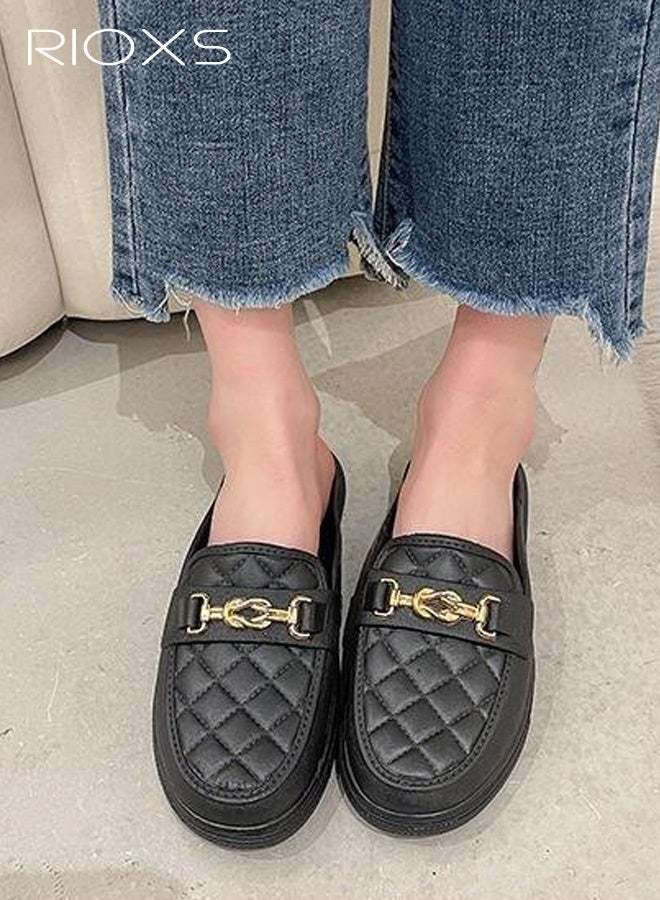 RIOXS Women's Flat Mule, Closed Round Toe Slide Sandals, Fashion Slip-Ons Loafers for Women, Classic Backless Mule Shoes, Ladys Comfort Lightweight Walking Penny Shoes, Comfy Clog Mules Dress Slippers for Female, Open-Back Mules with Cutout Heel Detail, Ladies Footwear Black - Image 1
