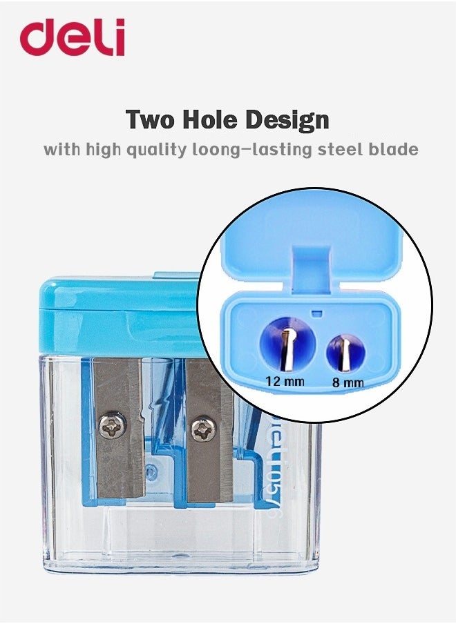 Deli Double Hole Manual Pencil Sharpener with Plastic Shell and High Quality Steel Blade for School Home Office Blue  - Image 5