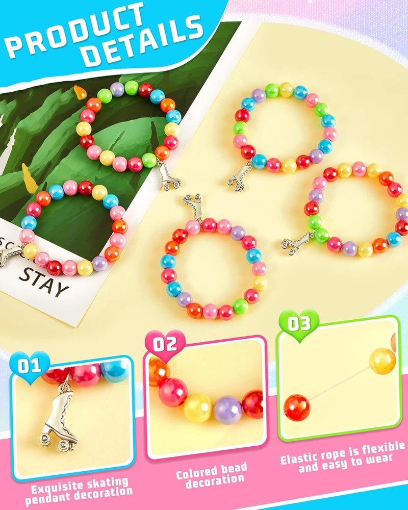 Luckam Roller Skating Bracelet Girls Birthday Roller Skating Jewelry Skate Charm Bangle Pendant Beaded Bracelet Roller Skating Party Favors for Kids Gifts Retro Decor Supplies (12 Pcs) - Image 2