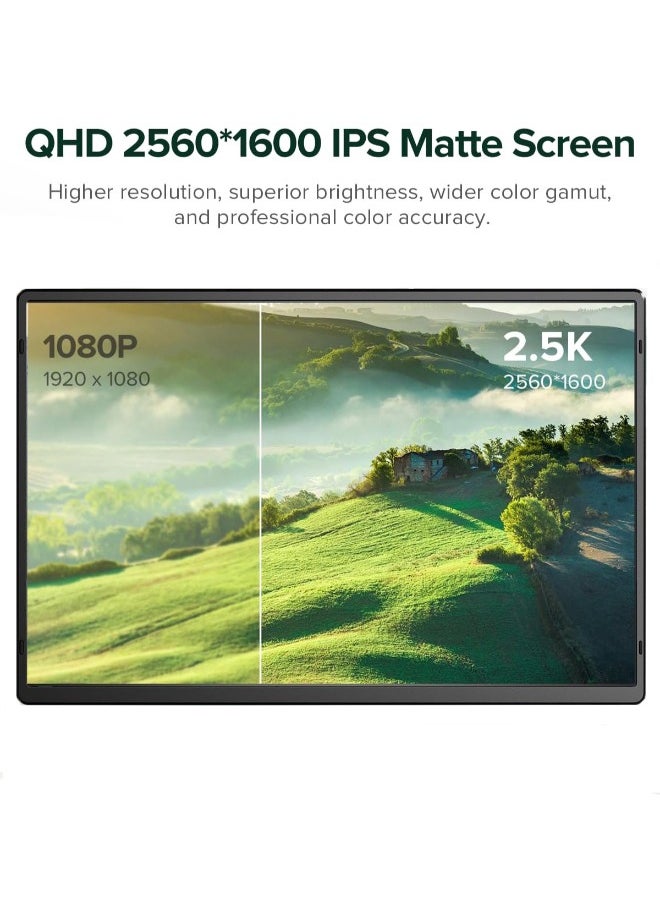 16" 2.5K QHD Portable Monitor, 2560×1600, 350cd/㎡, Dual USB-C & USB-C with DP, Ultra-Slim, Landscape & Portrait Mode, Travel-Friendly External Screen for Laptop, Gaming, and Work