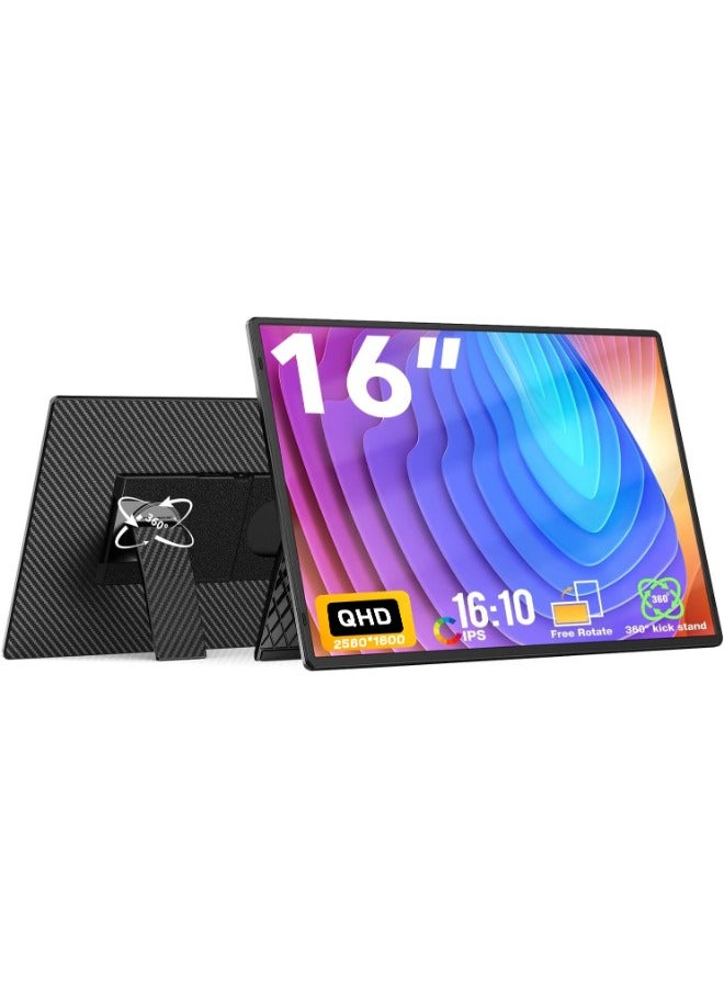 16" 2.5K QHD Portable Monitor, 2560×1600, 350cd/㎡, Dual USB-C & USB-C with DP, Ultra-Slim, Landscape & Portrait Mode, Travel-Friendly External Screen for Laptop, Gaming, and Work