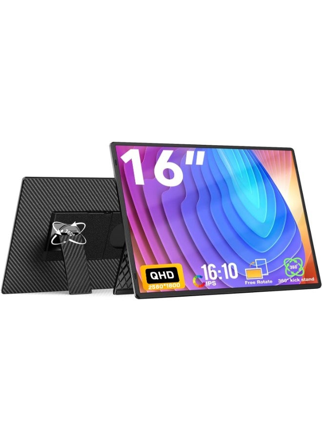 16" 2.5K QHD Portable Monitor, 2560×1600, 350cd/㎡, Dual USB-C & USB-C with DP, Ultra-Slim, Landscape & Portrait Mode, Travel-Friendly External Screen for Laptop, Gaming, and Work