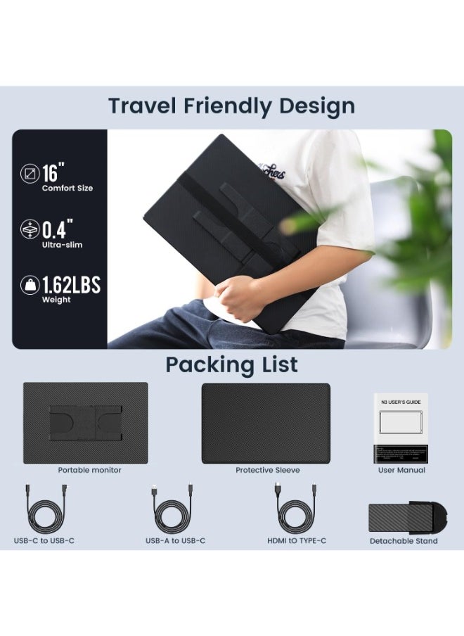 16" 2.5K QHD Portable Monitor, 2560×1600, 350cd/㎡, Dual USB-C & USB-C with DP, Ultra-Slim, Landscape & Portrait Mode, Travel-Friendly External Screen for Laptop, Gaming, and Work