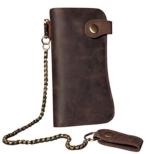RS Mens Wallet with Chain Leather Long Bifold Trucker Wallet Vintage Biker Money Clip with ZipperBrown wIron Chain - Image 1