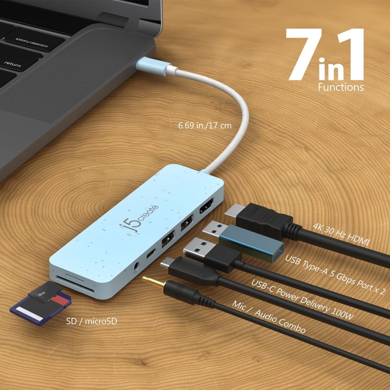 j5create USB-C Multi-Port Hub with Power Delivery with 4K HDMI/2 USB-A 5Gbps/PD 100W Charging SD&Micro SD/3.5mm Audio | for MacBook Pro&Air/iPad Pro/iMac/Surface/XPS/Thinkpad/Galaxy/and More(JCD373EW) - Image 2
