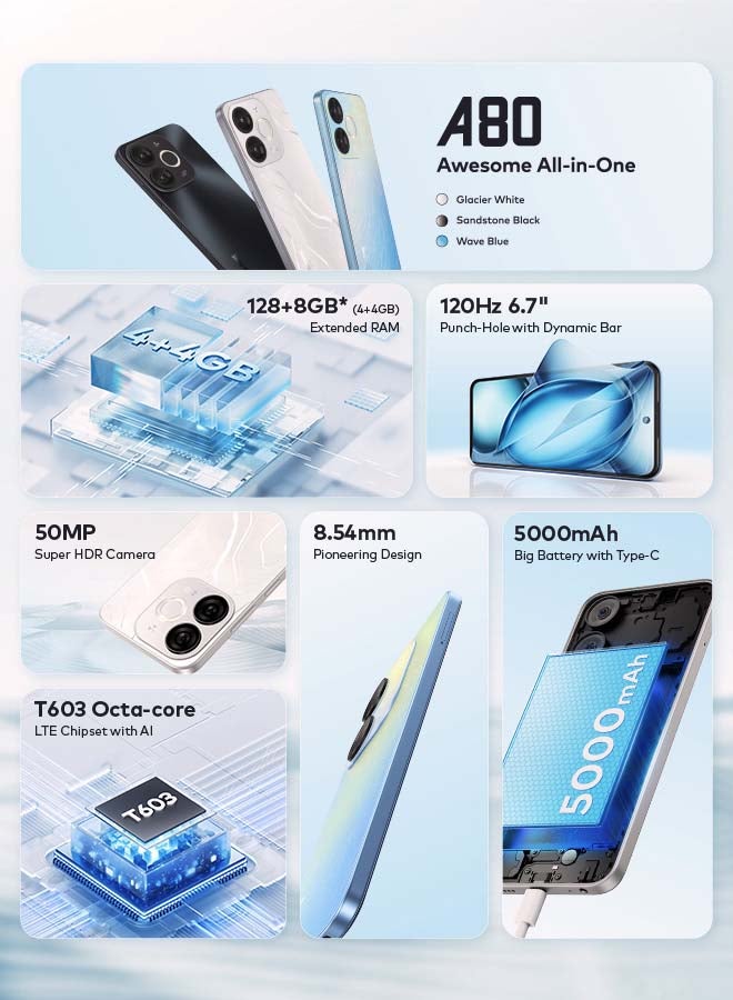 إيتيل A80 ثنائي الشريحة أبيض جليدي 4+4 جيجابايت رام 128 جيجابايت 4G - نسخة الشرق الأوسط - Image 2