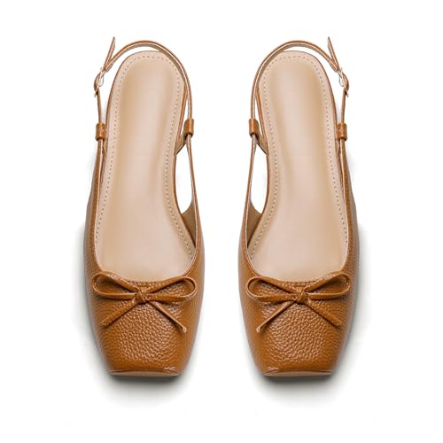 Lhamo Latso Brown Ballet Flats 1 Inch Low Block Heel Slingback Comfortable Ballerina Flat Bow Dressy Flats Shoes for Women Satin 8.5 - Image 1