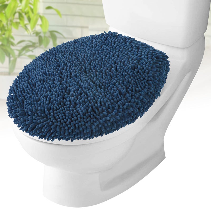 MAYSHINE Toilet Lid Cover  Dark Blue Plush Microfiber Oval Toilet Seat Covers for Bathroom Machine Washable Elongated Toilet Cover Seat Stretches up to 21x19 