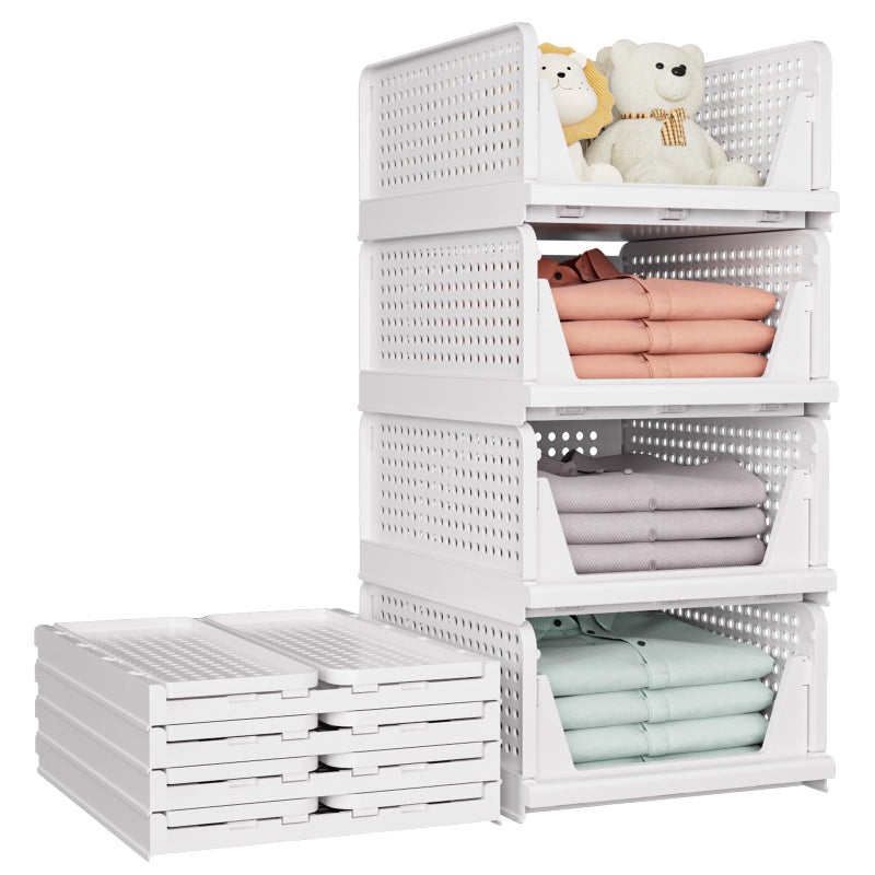 SNSLXH 5 Pack Stackable Closet Storage Basket Multifunctional  Foldable Closet Organizer for Bathroom Kitchen Laundry Room Wardrobe Storage SpaceSaving Clothes Storage Drawer Organizer White