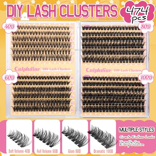 Calphdiar Lash Clusters 40D+60D+80D+100D Eyelash Clusters 474PCS Individual Lashes D-Curly Cluster Eyelash Extensions 8-16MM Wispy Lashes Clusters Volume False Mink Eyelashes DIY Lash Extension - Image 2