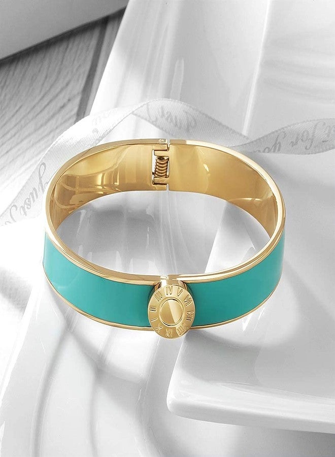 CIUNOFOR Enamel Bracelet for Women, 7.5" Inner Circ.Vintage Pop-Art Colorful Cuff Bangle, Stainless Steel Gold Plate Wide Band, Handmade Jewelry, Turquoise - Image 3