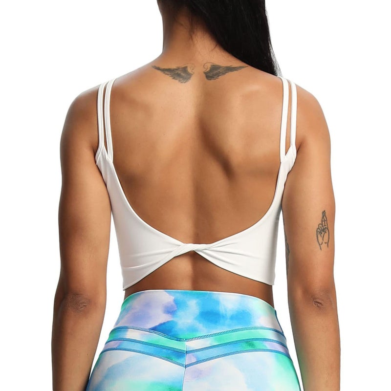 Aoxjox Women's Workout Sports Bras Fitness Yoga Crop Tank Twist Back Cami (White, Medium) - Image 1
