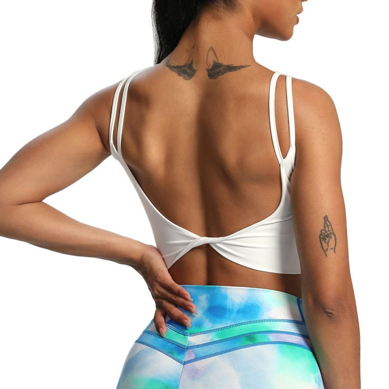 Aoxjox Women's Workout Sports Bras Fitness Yoga Crop Tank Twist Back Cami (White, Medium) - Image 5