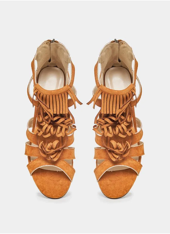 Styli Fringe Design Block Heel Sandals